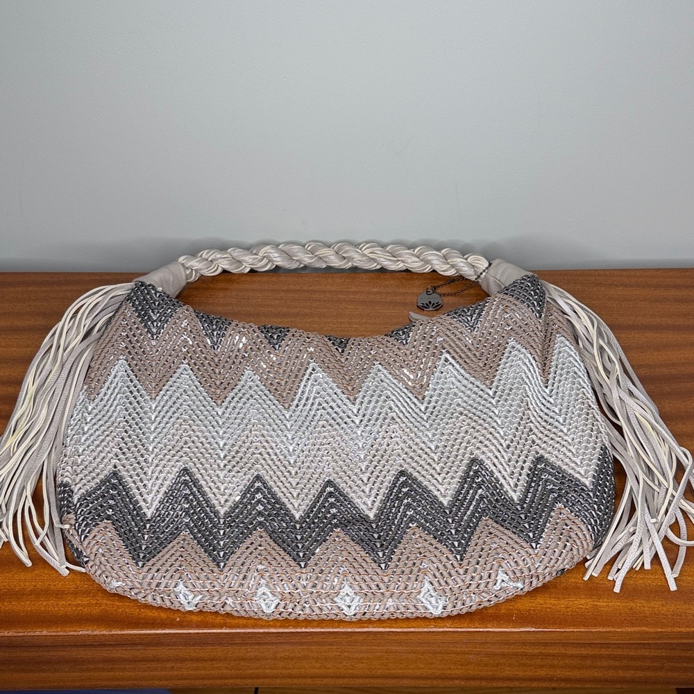 Big Buddha Stylish Braided Handle Metallic Zigzag Chevron Pattern Fringe Bag